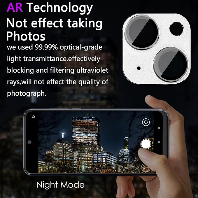 2 Pack Camera Lens Protector for iPhone 14/14 Plus,Metal AR Tempered Glass Rear Camera Screen Cover,Anti-Scratch,Strong Adsorption,Case Friendly, Easy to Install-Silver