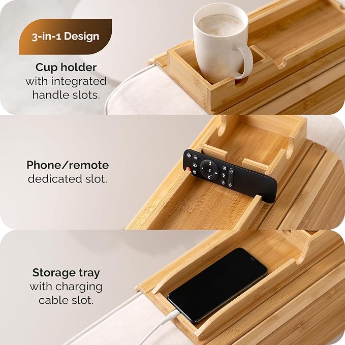 Bamboo Sofa Arm Tray Table with Cup Holder & 2 Cork Coasters, Phone Slot & Charging Cable Holder, Foldable Couch Arm Tray with Non Slip Base, Couch Cup Holder for Drinks, Remote, Snacks