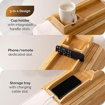Bamboo Sofa Arm Tray Table with Cup Holder & 2 Cork Coasters, Phone Slot & Charging Cable Holder, Foldable Couch Arm Tray with Non Slip Base, Couch Cup Holder for Drinks, Remote, Snacks