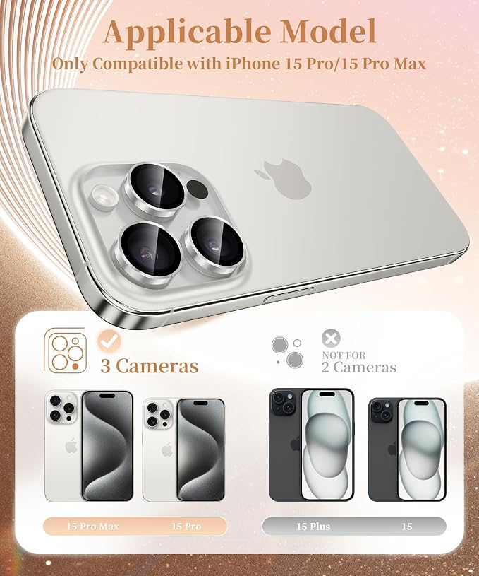 GolbinBox Camera Lens Protector for iPhone 15 Pro/15 Pro Max, 1:1 Invisible Fit, 9H Tempered Glass Ultra HD Metal Individual Camera Cover, Case Friendly, Silver