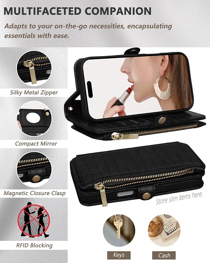 Crossbody Wallet Case for iPhone 17 Pro with Mirror, Wrist Strap, Zipper Purse Magnetic Flip, RFID Blocking Card Holder, Wireless Charging, PU Leather Shockproof 6.3" Women (Black)