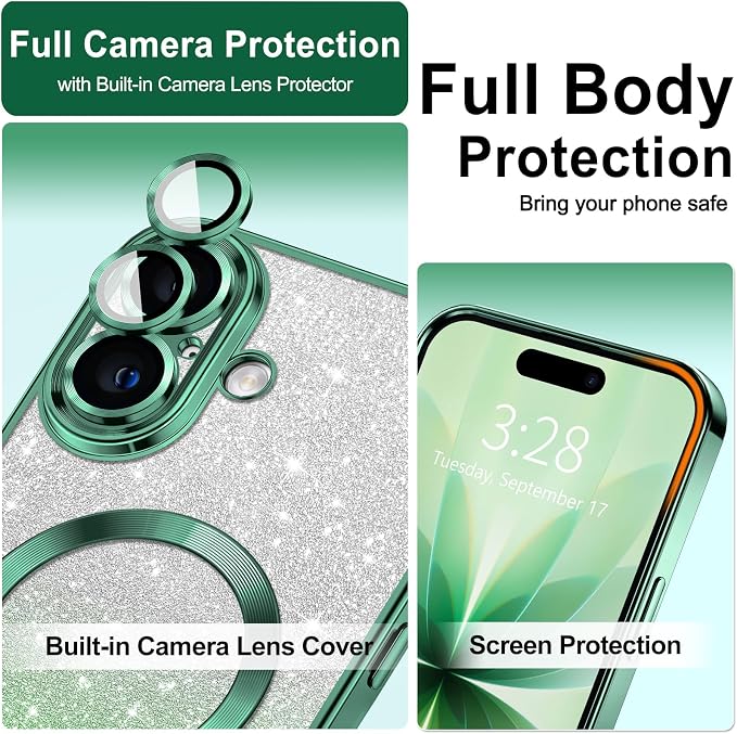 Hython for iPhone 17 Case Glitter Clear Magnetic Phone Cases [Compatible with MagSafe] Full Camera Lens Protector Sparkle Luxury Plating Slim Shockproof Protective Cover Women, Gradient Green