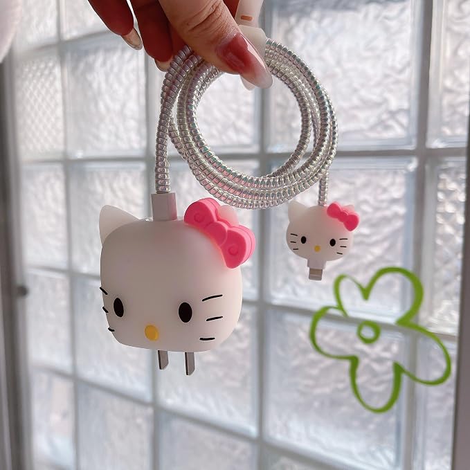 3D Cute Cartoon Wall Charger Protector Case - Compatible for Apple 20W USB-C Power Adapter and Lightning Cable No.01(4in1)