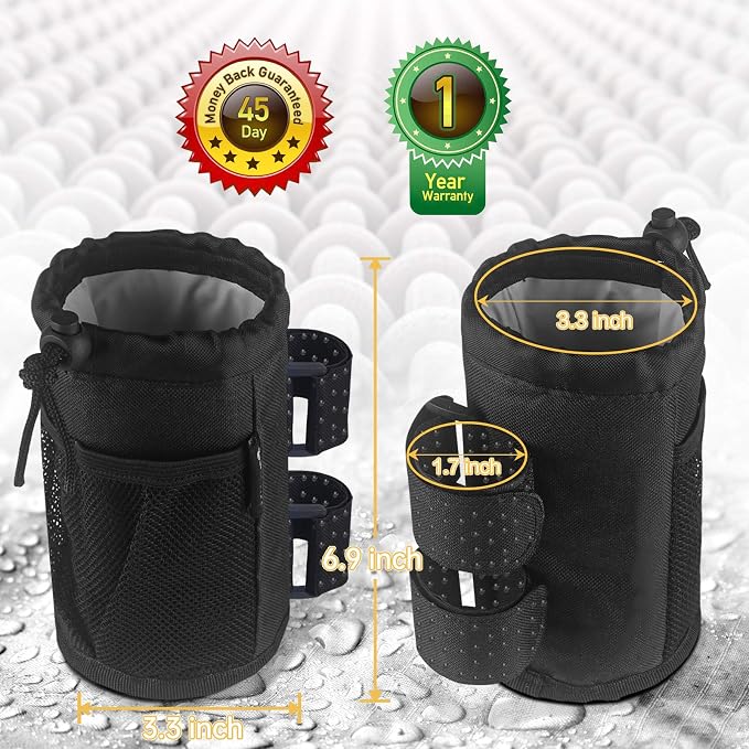 GEARV 2Pack Cup Holder for Bike, Scooter and Wheelchair, Water Bottle Holder for UTV/ATV, Walker, Golf Cart and Beach, Universal Drink Holder Accessories with Net Pocket and Cord Lock (Black)