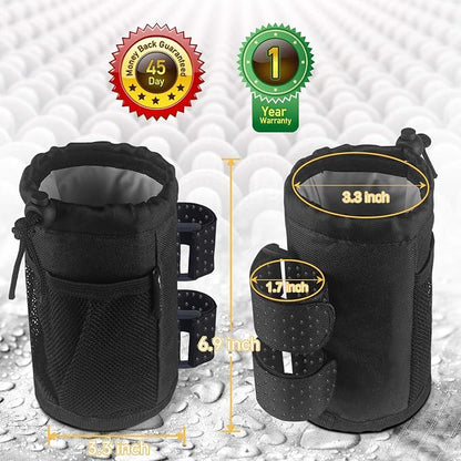 GEARV 2Pack Cup Holder for Bike, Scooter and Wheelchair, Water Bottle Holder for UTV/ATV, Walker, Golf Cart and Beach, Universal Drink Holder Accessories with Net Pocket and Cord Lock (Black)