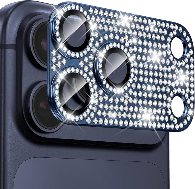 Goton for iPhone 17 Pro Camera Lens Protector Diamond Bling- Not Easy to Fall, Strong Adsorption, Glitter Metal Aluminum Alloy Rear Camera Screen Cover Accessories for 17Pro, Deep Blue