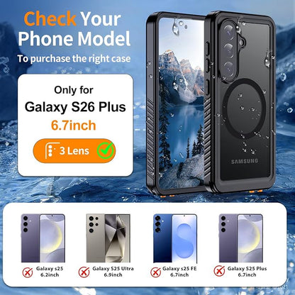 Hualele for Samsung Galaxy S26 Plus Case Waterproof, Compatible with MagSafe, Built in Lens & Screen Protector Rugged Full Body Protection IP68 Underwater Cover for Galaxy S26 Plus 5G Black