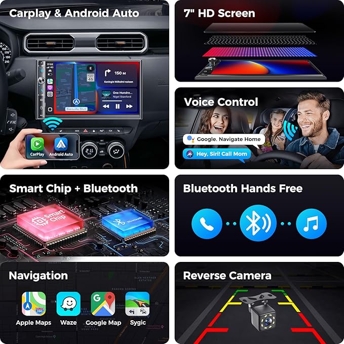 Double Din Car Stereo with 7" HD Touchscreen, Wireless Apple Carplay & Android Auto, Bluetooth, 240W, SWC, Subwoofer Output, Mirror Link, FM/AM Car Radio Receiver, Backup Camera