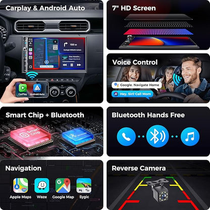 Double Din Car Stereo with 7" HD Touchscreen, Wireless Apple Carplay & Android Auto, Bluetooth, 240W, SWC, Subwoofer Output, Mirror Link, FM/AM Car Radio Receiver, Backup Camera