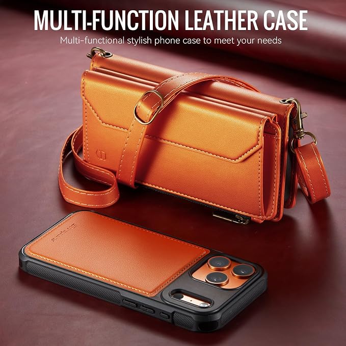 Strapurs for iPhone 17 Pro Detachable Wallet Case Compatible with Magsafe, RFID Blocking 9-Card Holder Zipper Wrist Strap Lanyard PU Leather Magnetic Phone Case for iPhone 17 Pro 6.3", Orange