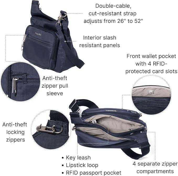 Baggallini Securtex Anti-theft Crossover Crossbody Bag 11”w X 8.5”h, Rfid, Built-in Wallet, Locking Zippers