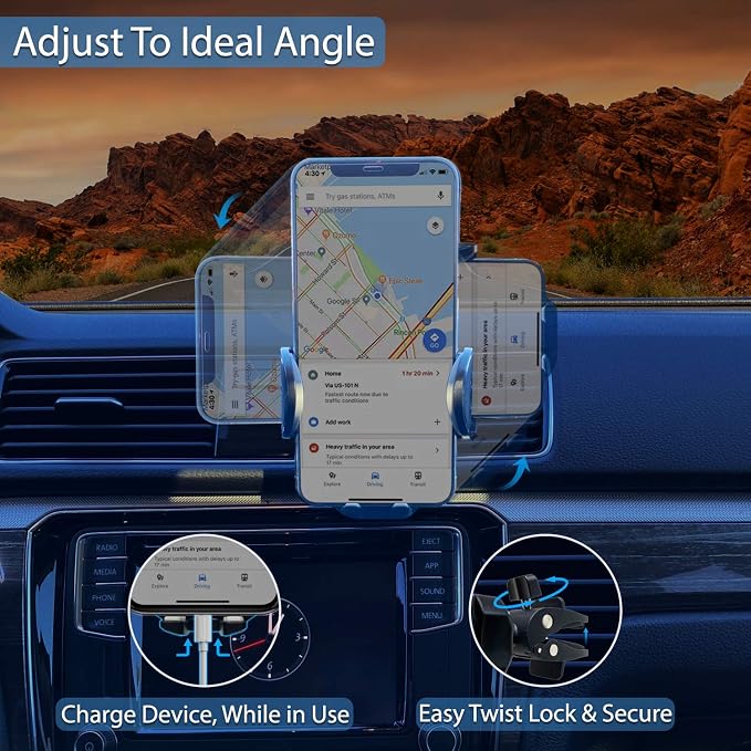 Fugetek Phone Holder Air Vent Mount, Adjustable Cradle, Durable Metal Clip Plates, 360 Rotation, Compatible with iPhone & Android Phones