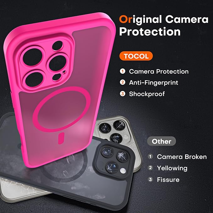 TOCOL for iPhone 16 Pro Max Phone Case Compatible with Magsafe Full Camera Protection Drop Protection Magnetic Translucent Matte Back Bumper Phone Case for 16 Pro Max 6.9-Inch (Hot Pink)