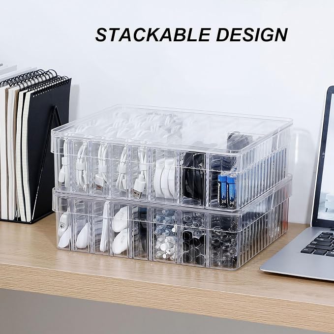 Large Cord Storage Box with Lid, Plastic Stackable Desk Drawer Organizer for Home Office Supplies, Phone Charger, USB Cable, Battery, Stationery, Art Crafts, Makeup, Pencil Holder