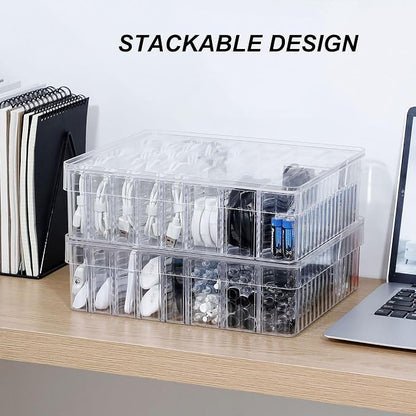 Large Cord Storage Box with Lid, Plastic Stackable Desk Drawer Organizer for Home Office Supplies, Phone Charger, USB Cable, Battery, Stationery, Art Crafts, Makeup, Pencil Holder