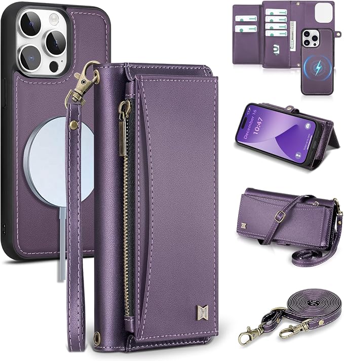 Wallet Case for iPhone 14 Pro with Card Holder/Crossbody Wallet/Strap| RFID Blocking | Magnetic | Kickstand | Detachable | PU Leather Phone Case for iPhone 14 Pro,6.1 in,Purple