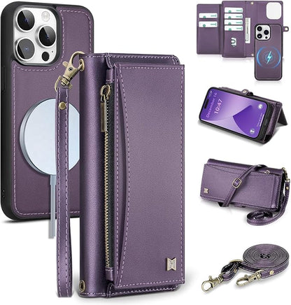 Wallet Case for iPhone 14 Pro with Card Holder/Crossbody Wallet/Strap| RFID Blocking | Magnetic | Kickstand | Detachable | PU Leather Phone Case for iPhone 14 Pro,6.1 in,Purple