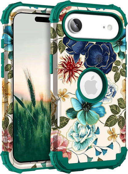 Hocase for iPhone Air Case 6.5", Heavy Duty Shockproof Protection Soft Silicone Rubber+Hard Plastic Bumpers Hybrid Protective Case for iPhone Air 2025 - Teal Flowers