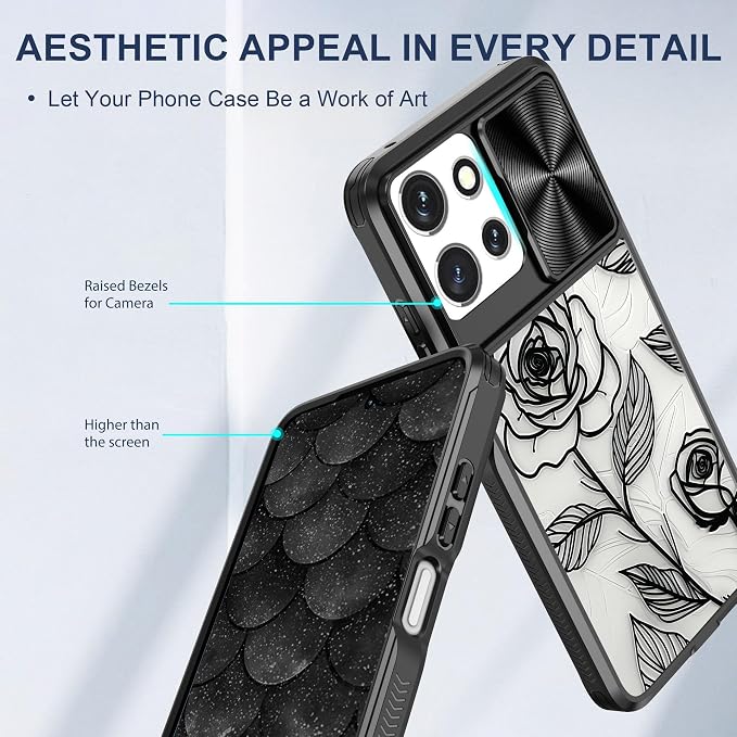 for Motorola Moto G 5G 2025 Case with Rose, Metal Slide Camera Cover, Screen Protector, Anti-Peeping Privacy Safeguard, Camera Lens Protector Phone Case for Moto G 5G 2025