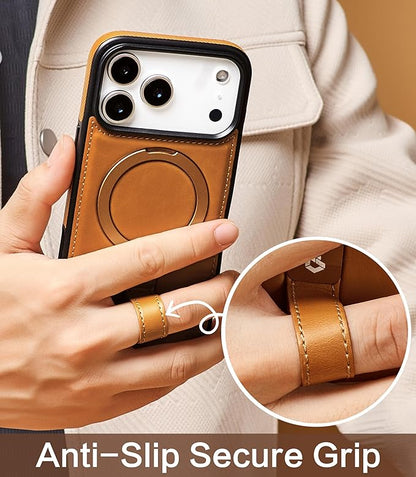 for iPhone 17 Pro Leather Case with Stand, Anti-Slip Grip Ring, Fits for MagSafe (Brown, iPhone 17 Pro)