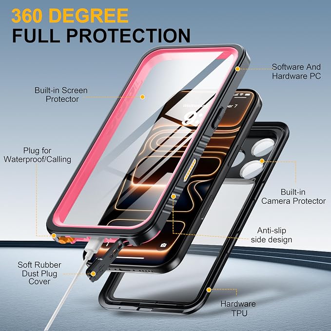 ANTSHARE for iPhone 17 Pro Case, IP68 Waterproof Shockproof Case, [Built-in Screen Protector] - 12 FT Military Dropproof - Full Body Heavy Duty Rugged Phone Cover 6.3 inches - Pink/Clear
