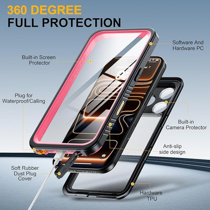 ANTSHARE for iPhone 17 Pro Case, IP68 Waterproof Shockproof Case, [Built-in Screen Protector] - 12 FT Military Dropproof - Full Body Heavy Duty Rugged Phone Cover 6.3 inches - Pink/Clear