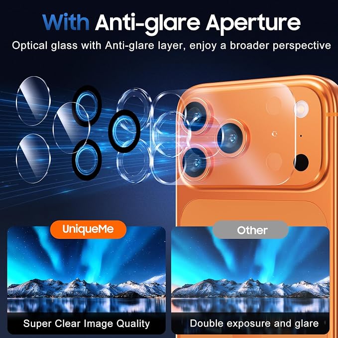 UniqueMe Compatible for 3 Pack iPhone 17 Pro Camera Lens Protector - [Drop Protection] 9H Tempered Glass Camera Cover Screen [Update New Version]【Not for 17 Pro Max】