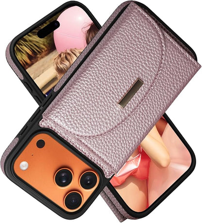 Keallce Wallet Case for iPhone 17 Pro Max 6.9'', Flip Case with RFID Blocking Card Holder Slots Kickstand, PU Leather Protective Folio Cover for Women, Rosegold
