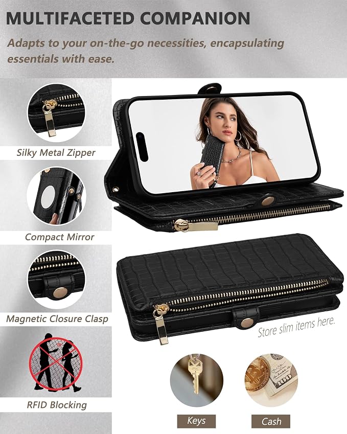 Crossbody Wallet Case for iPhone 15 Pro Max with Mirror, Wrist Strap, Zipper Purse Magnetic Flip RFID Blocking Card Holder, Wireless Charging, PU Leather Shockproof 6.7" Women (Black)