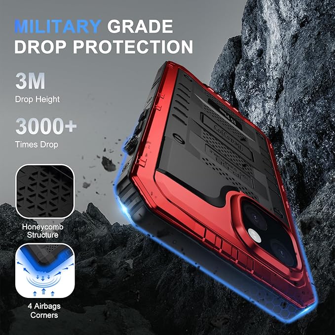 Beasyjoy for iPhone 15 Plus Case Waterproof, Metal Heavy Duty Full Body Protective Case with Built-in Screen Protector, Military Grade Shockproof Dustproof Defender Case for iPhone 15 Plus 6.7", Red