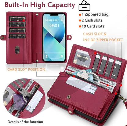 for Wallet Case Compatible with iPhone 15,Multi-Function Detachable 2 in 1 Magnetic iPhone 15 Case Wallet,Flip Strap Zipper Card Holder Phone Case with Shoulder Straps (Red)