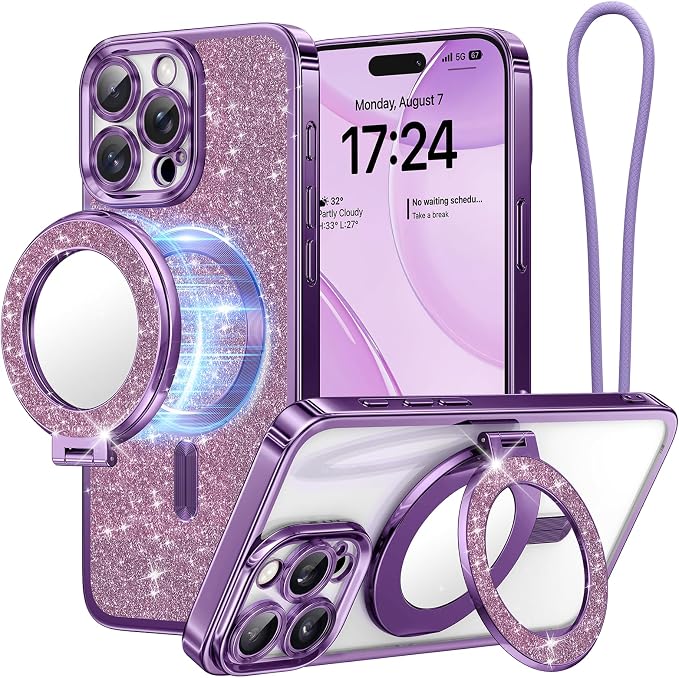 Meifigno Magnetic Case with Removable Phone Ring Stand for iPhone 16 Pro Max 6.9’’, [Glitter Card & Wrist Strap] [MagSafe Compatible] [Built in Mirror] Phone Ring Stand + Phone Case Kit, Purple