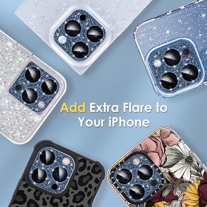 YWXTW for iPhone 15 Pro/iPhone 15 Pro Max Camera Lens Protector, [5TH Gen New Glitter Design] Full Bling Sparkly Diamond Tempered Glass Screen Protector Metal Camera Cover Accessories (Blue)