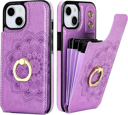 HAOPINSH for iPhone 13/ iPhone 14 Wallet Case with Card Holder, 360°Rotation Ring Kickstand, Purple Mandala Pattern, RFID Blocking Leather for Girls Women, Double Buttons Flip Cover 6.1"