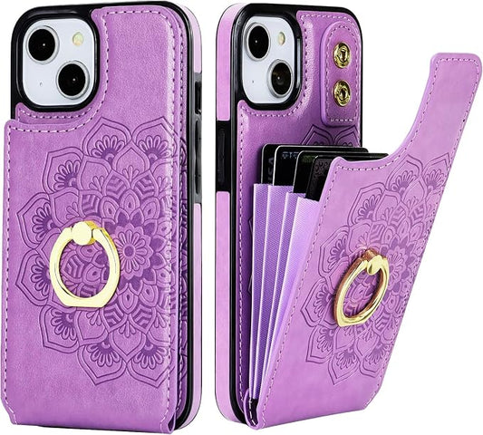 HAOPINSH for iPhone 13/ iPhone 14 Wallet Case with Card Holder, 360°Rotation Ring Kickstand, Purple Mandala Pattern, RFID Blocking Leather for Girls Women, Double Buttons Flip Cover 6.1"
