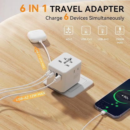 Auxmir Universal Travel Adapter, 45W PD Fast Charging Travel Plug Adapter with 2 USB-A and 3 USB-C Ports，International Adapter for EU, USA, UK, Asia, Worldwide Use, White