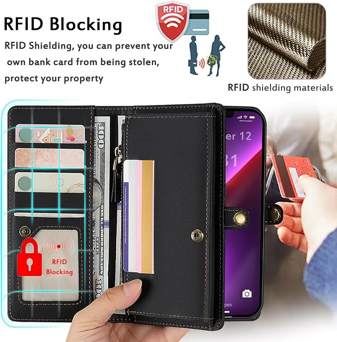 for Wallet Case Compatible with iPhone 13 Pro Max,Multi-Function Detachable 2 in 1 Magnetic iPhone 13 Pro Max Case Wallet,Flip Strap Zipper Card Holder Phone Case with Shoulder Straps (Black)