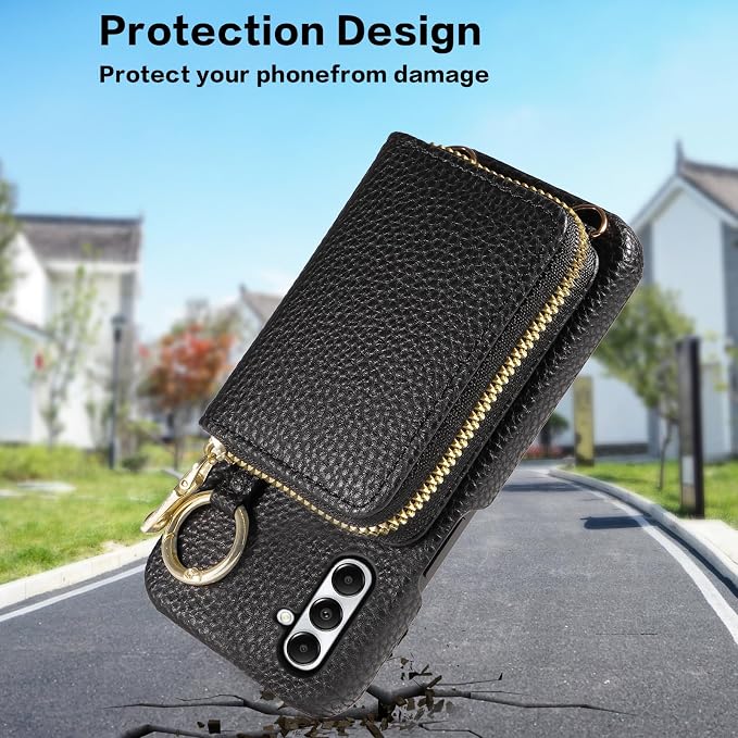 Wallet Case for Samsung Galaxy A24 4G/5G with Shoulder Strap Ring Buckle PU Leather Zipper Flip Organ Purse, Credit Card Holder Stand Full Body Cell Phone Cover for A 24 24A Lte Women Men Black