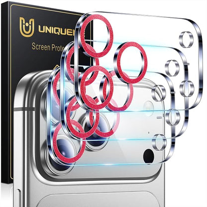 UniqueMe Compatible for 3 Pack iPhone 17 Pro Max Camera Lens Protector - [Drop Protection] [Case Friendly] 9H Tempered Glass Camera Cover Screen [Update New Version] - Glitter Red