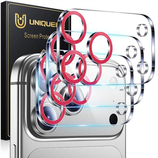 UniqueMe Compatible for 3 Pack iPhone 17 Pro Max Camera Lens Protector - [Drop Protection] [Case Friendly] 9H Tempered Glass Camera Cover Screen [Update New Version] - Glitter Red