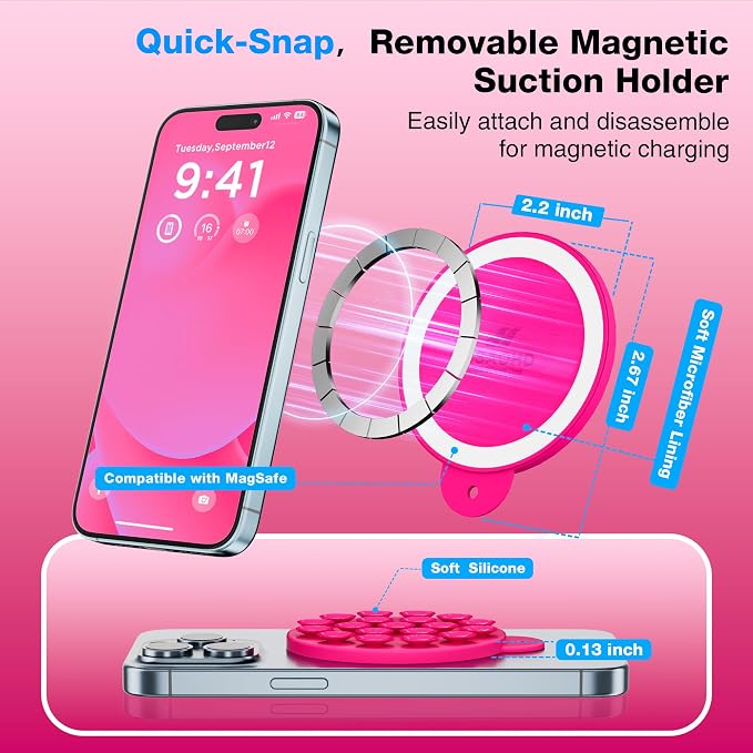 Magnetic Suction Cup Phone Mount, Compatible with MagSafe, Silicone Octo Cup Buddy Sticky Grip Holder for iPhone and Android, Removable Hands-Free Phone Stand Selfie/Video for TikTok, Neon Pink