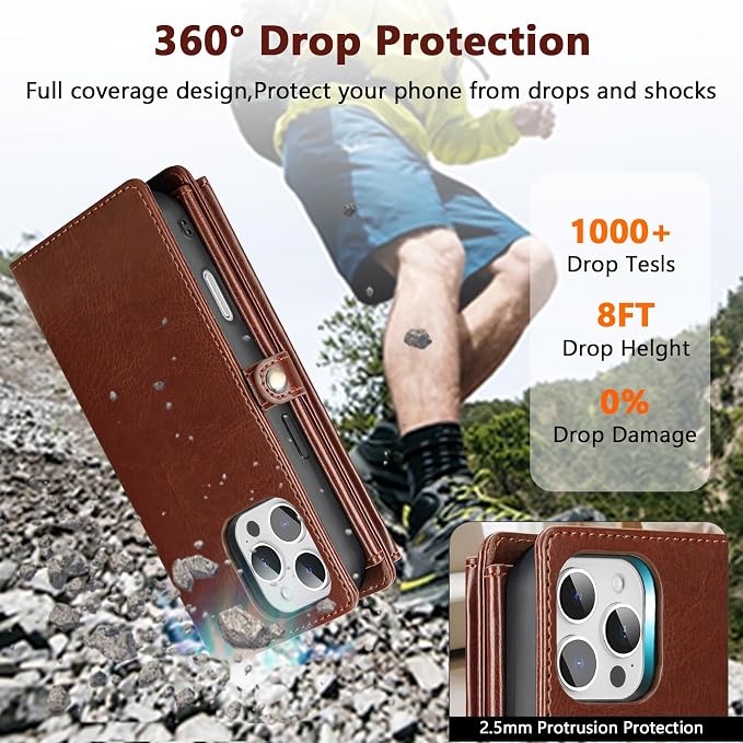 Wallet Case for iPhone 16 Pro with Card Holder/Crossbody Wallet/Strap| RFID Blocking | Magnetic | Kickstand | Detachable | PU Leather Phone Case for iPhone 16 Pro,6.3 in,Brown