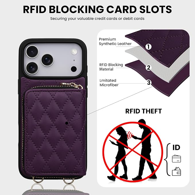 Keallce Case for iPhone 17 Pro Max 6.9'' Wallet Case, Crossbody Zipper Purse with Wrist Strap Lanyard Handbag, RFID Blocking Card Holders, Flip Leather Cover for iPhone 17 Pro Max, Darkpurple