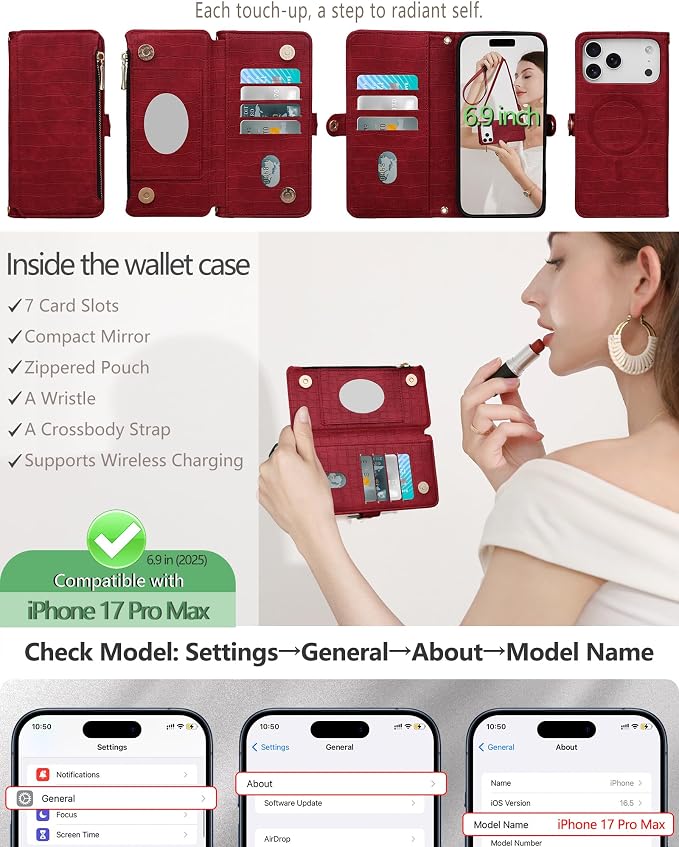 Crossbody Wallet Case for iPhone 17 Pro Max with Mirror, Wrist Strap, Zipper Purse Magnetic Flip, RFID Blocking Card Holder, Wireless Charging, PU Leather Shockproof 6.9" Women (Red)