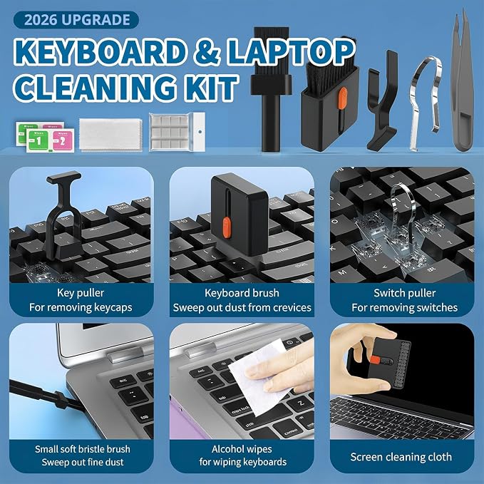 2026 Upgrade Phone Cleaning Kit 57PCS, iPhone Cleaning Kit, Airbud Cleaning Kit for AirPods, Keyboard Cleaning Kit, Charging Port Cleaner for Apple Lightning/Android USB-C (Black, with 10 Mini Brush)