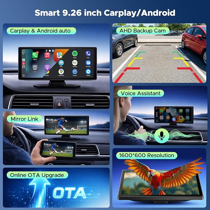 LAMTTO 9.26" Wireless CarPlay Screen for Car - Apple CarPlay & Android Auto Touchscreen, 1600x600 HD IPS Display, Plug & Play, OTA Updates, Waterproof Backup Camera & Screen Mirroring