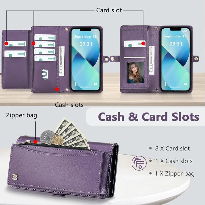 Wallet Case for iPhone 13 with Card Holder/Crossbody Wallet/Strap| RFID Blocking | Magnetic | Kickstand | Detachable | PU Leather Phone Case for iPhone 13,6.1 in,Purple