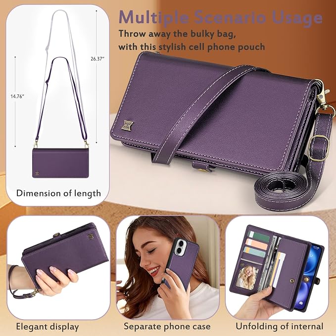 for Wallet Case Compatible with iPhone 16,Multi-Function Detachable 2 in 1 Magnetic iPhone 16 Case Wallet,Flip Strap Zipper Card Holder Phone Case with Shoulder Straps (Pruple)