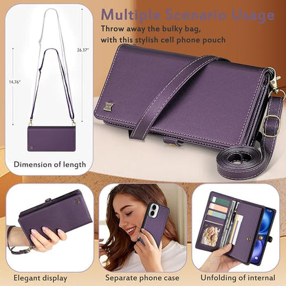 for Wallet Case Compatible with iPhone 16,Multi-Function Detachable 2 in 1 Magnetic iPhone 16 Case Wallet,Flip Strap Zipper Card Holder Phone Case with Shoulder Straps (Pruple)
