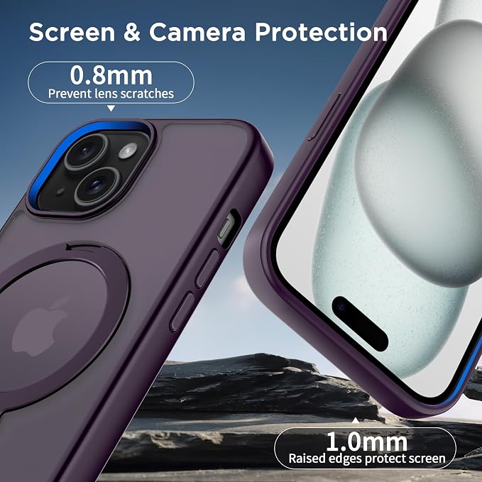 CACOE Magnetic Case for iPhone 15 6.1 inch with 360 Rotatable Ring Stand, Compatible with MagSafe Car Phone Mount, iPhone 15 Cases Cover Phone Holder for Desk Meeting/Videos Dark Purple